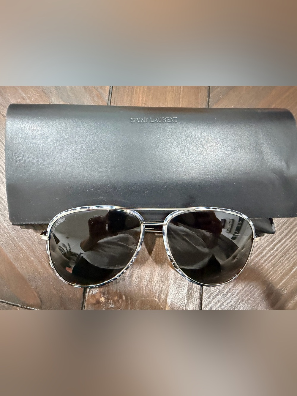 Saint Laurent Tortoiseshell-Edge Aviator Sunglasses with Black Lenses